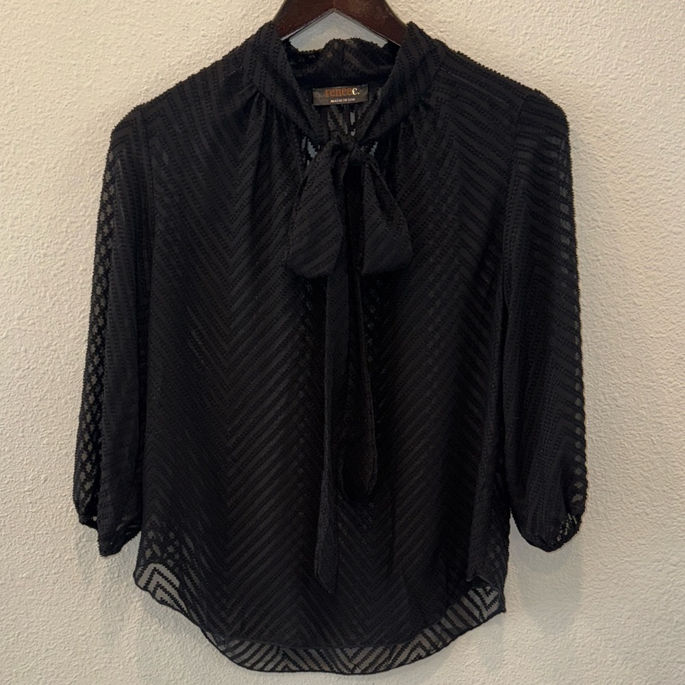 Renee C. Black Sheer Blouse with Bow - NEW
